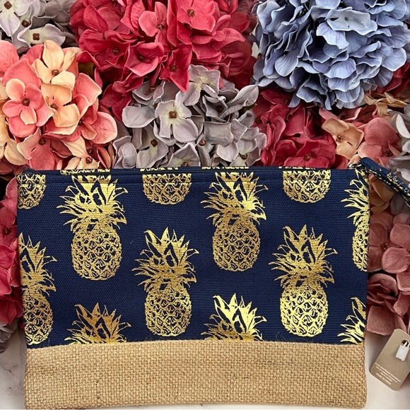 Navy Blue & Metallic Gold Pineapple Makeup Cosmetic Wristlet Clutch Bag - Picture 4 of 11